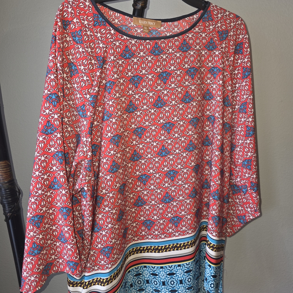 Ellen Tracy Red and Blue Patterned Blouse